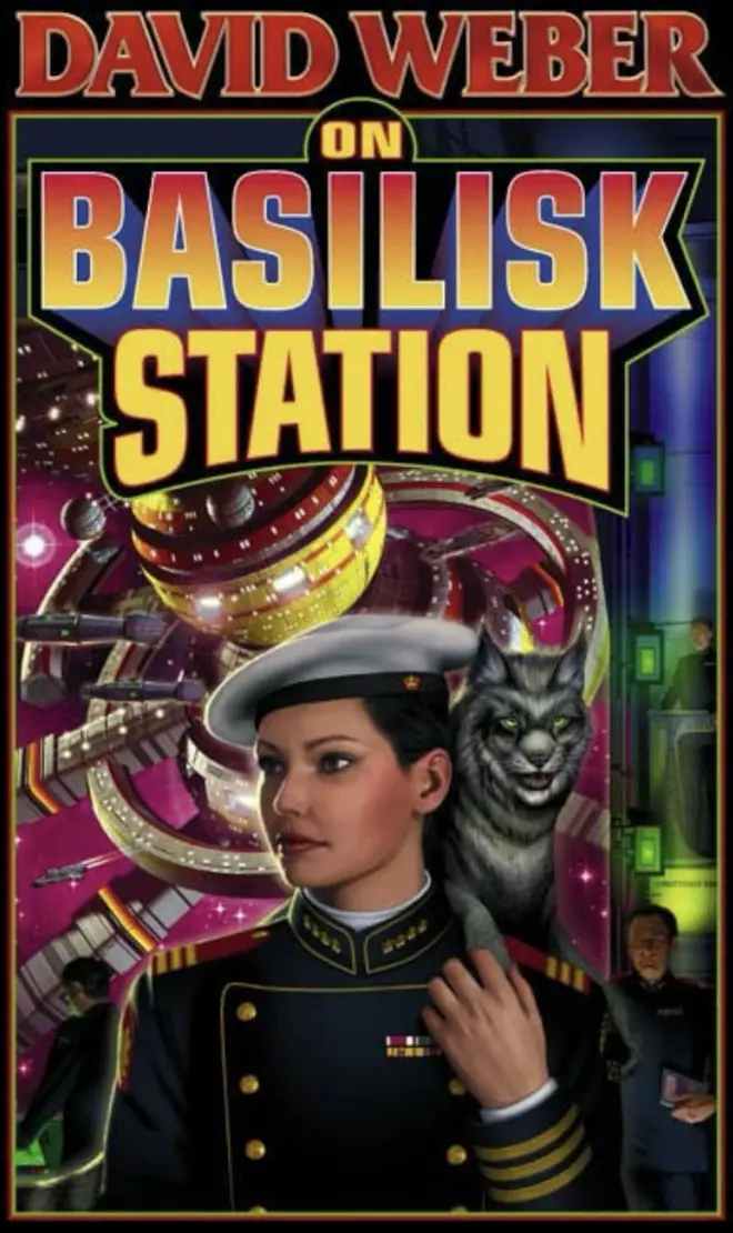 The image is a book cover for 'On Basilisk Station' by David Weber, featuring a woman in a military uniform with a large…
