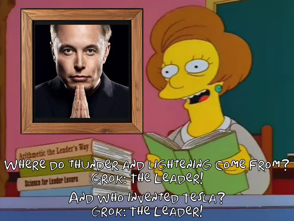 A framed photo of Elon Musk with hands clasped in prayer is shown next to a cartoon image of Marge Simpson holding a book…