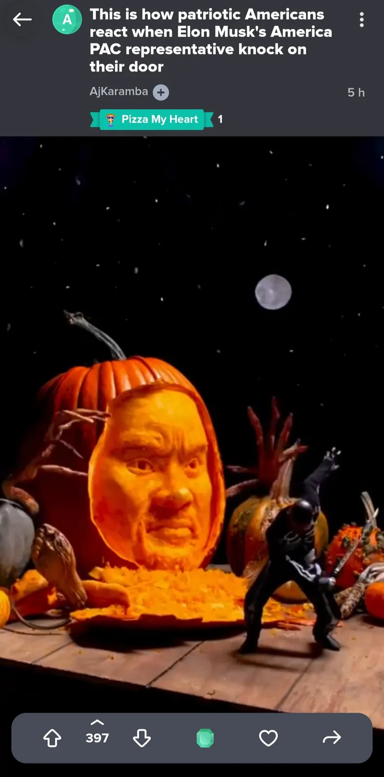 A large, intricately carved pumpkin with a realistic human face is shown at night under a moonlit sky, surrounded by other…