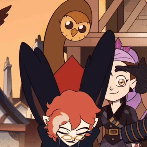 A six-panel animation sequence from 'The Owl House' shows a character with large dark wings, initially looking downcast…