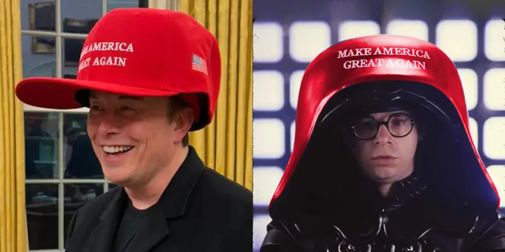 The image is split into two panels. On the left, Elon Musk smiles while wearing a red 'MAKE AMERICA GREAT AGAIN' cap. On the…