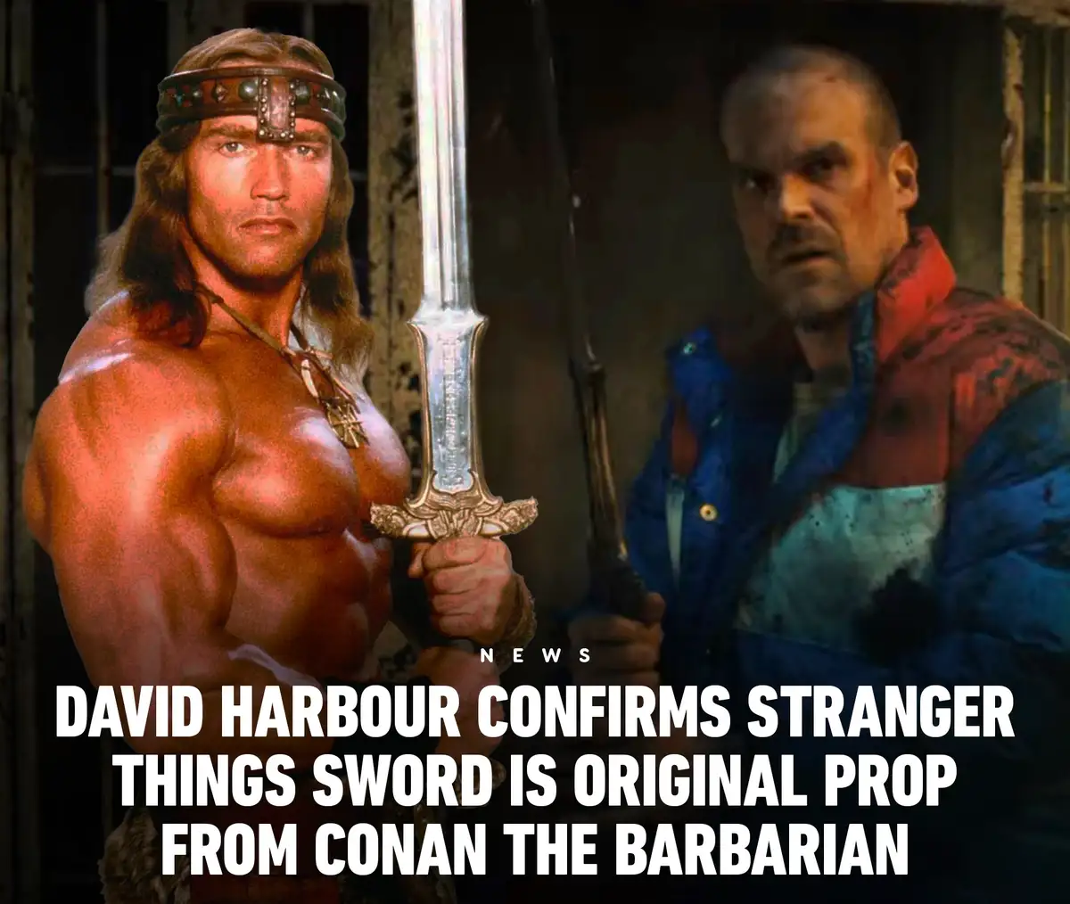 The image features Arnold Schwarzenegger as Conan the Barbarian holding a sword, juxtaposed with David Harbour as the…