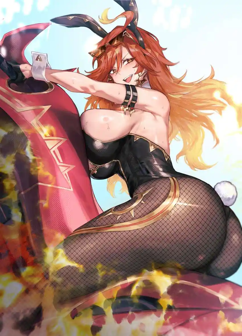 An anime-style illustration of a woman with long orange hair, wearing a black outfit with gold trim and fishnet stockings…