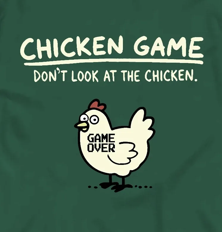 A green t-shirt graphic shows a cartoon chicken with 'GAME OVER' written on its body. Above the chicken, large text reads…