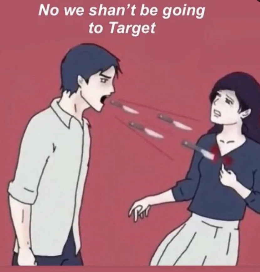 An anime-style illustration shows a man yelling at a woman, with knives visibly flying from his mouth toward her chest…