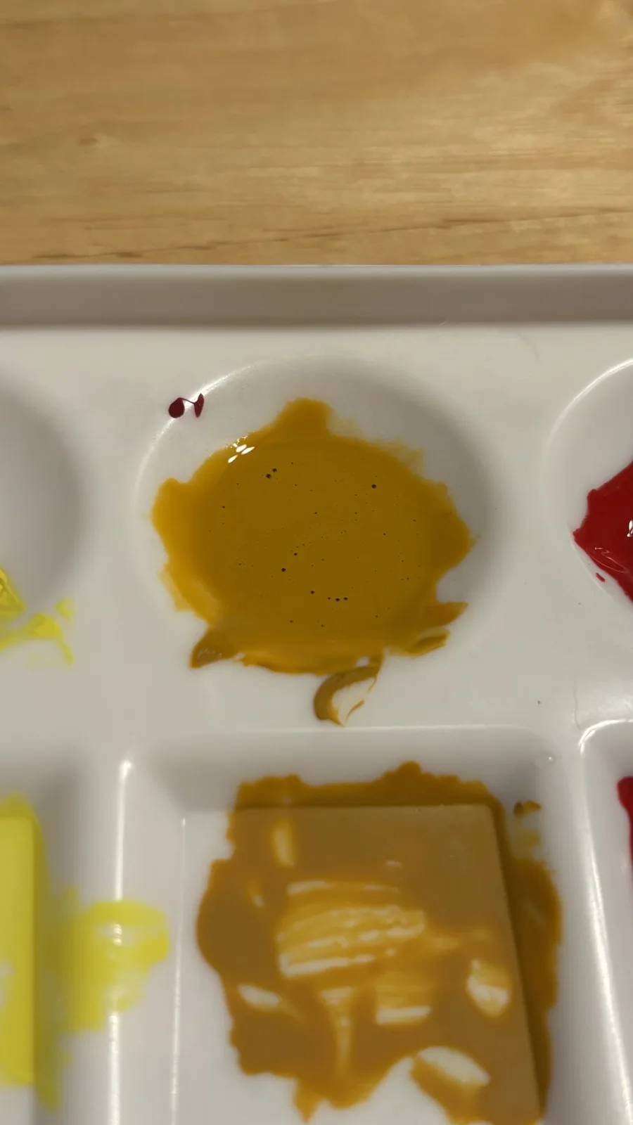 A close-up photo of a white plastic paint palette on a wooden surface, showing various paint wells. One well contains a…