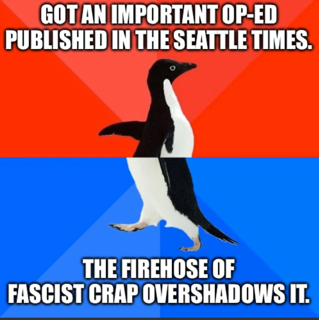 A penguin stands centered against a red and blue background, split horizontally. The top text reads 'GOT AN IMPORTANT OP-ED…