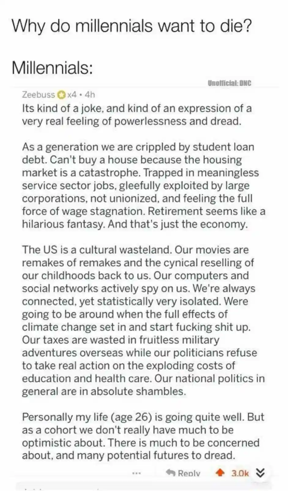 The image displays a Reddit comment thread under the title 'Why do millennials want to die?' The comment, posted by user…