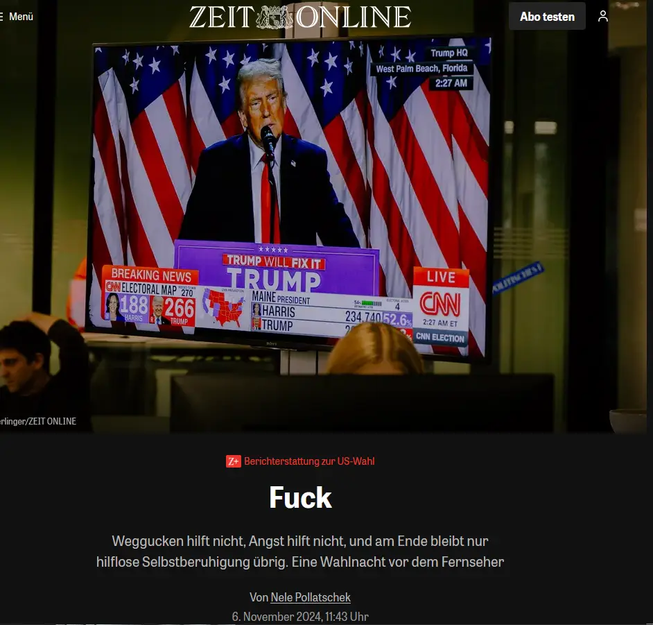 A screenshot from a German news website (ZEIT ONLINE) shows a TV screen displaying a CNN election broadcast with Donald…