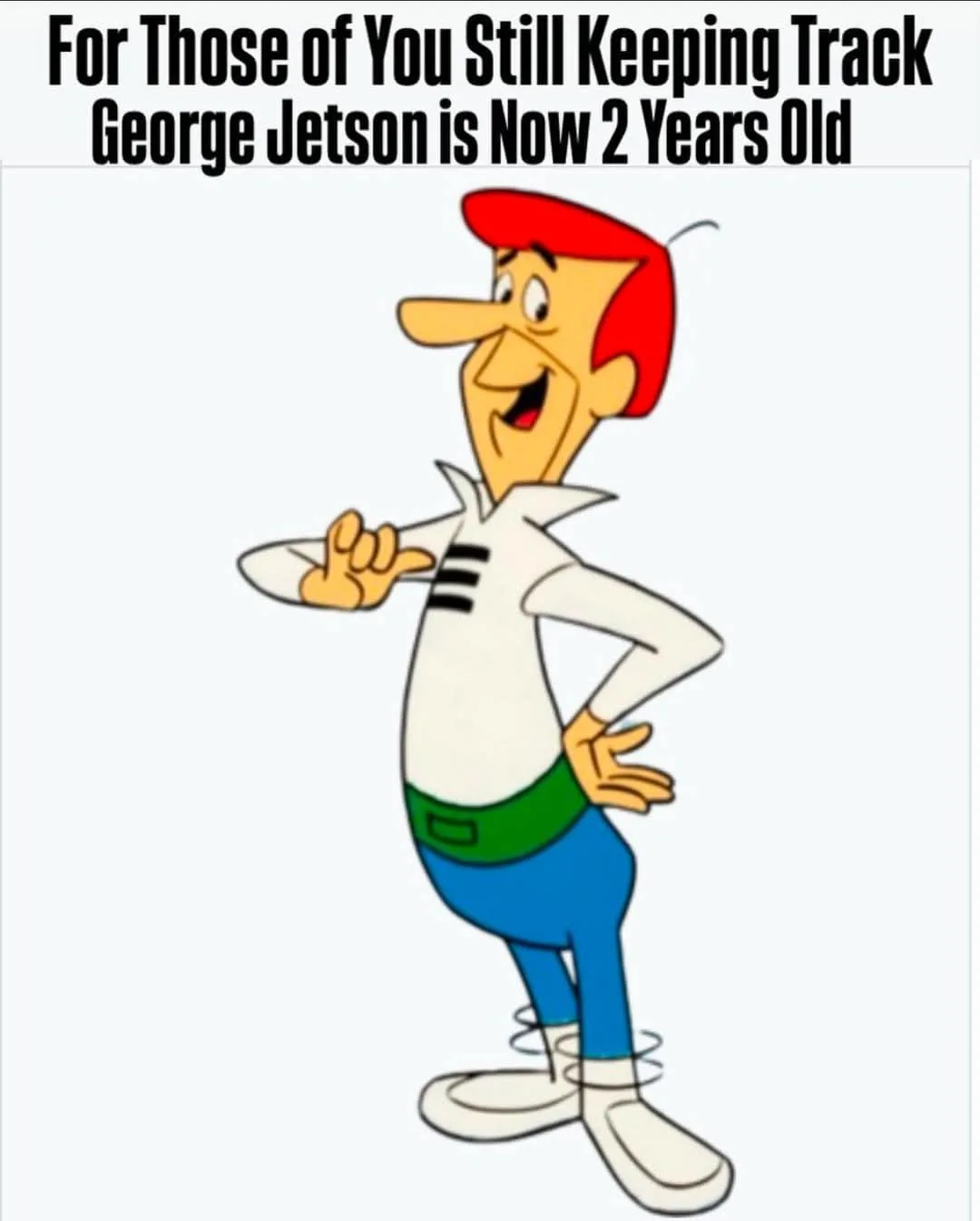 The image shows the cartoon character George Jetson, recognizable by his red hair, white shirt with black stripes, green…