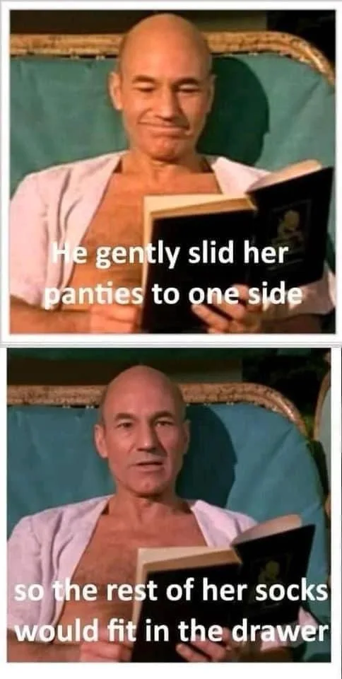 Two-panel meme featuring Patrick Stewart as Captain Picard from Star Trek, smiling while reading a book in the top panel and…