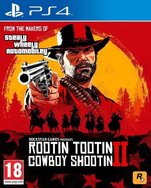A parody video game cover for PS4, featuring a stern cowboy holding a revolver, with silhouettes of riders in the…