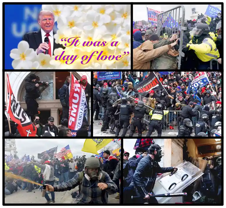 A collage of six images depicting violent scenes from the January 6 Capitol riot, including protesters breaching barriers…