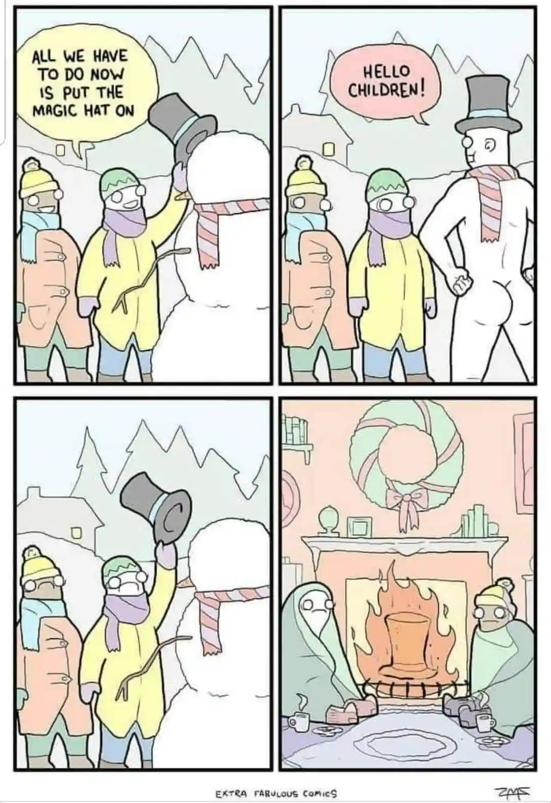 A four-panel comic shows children building a snowman, placing a top hat on it, and then the snowman magically transforms…