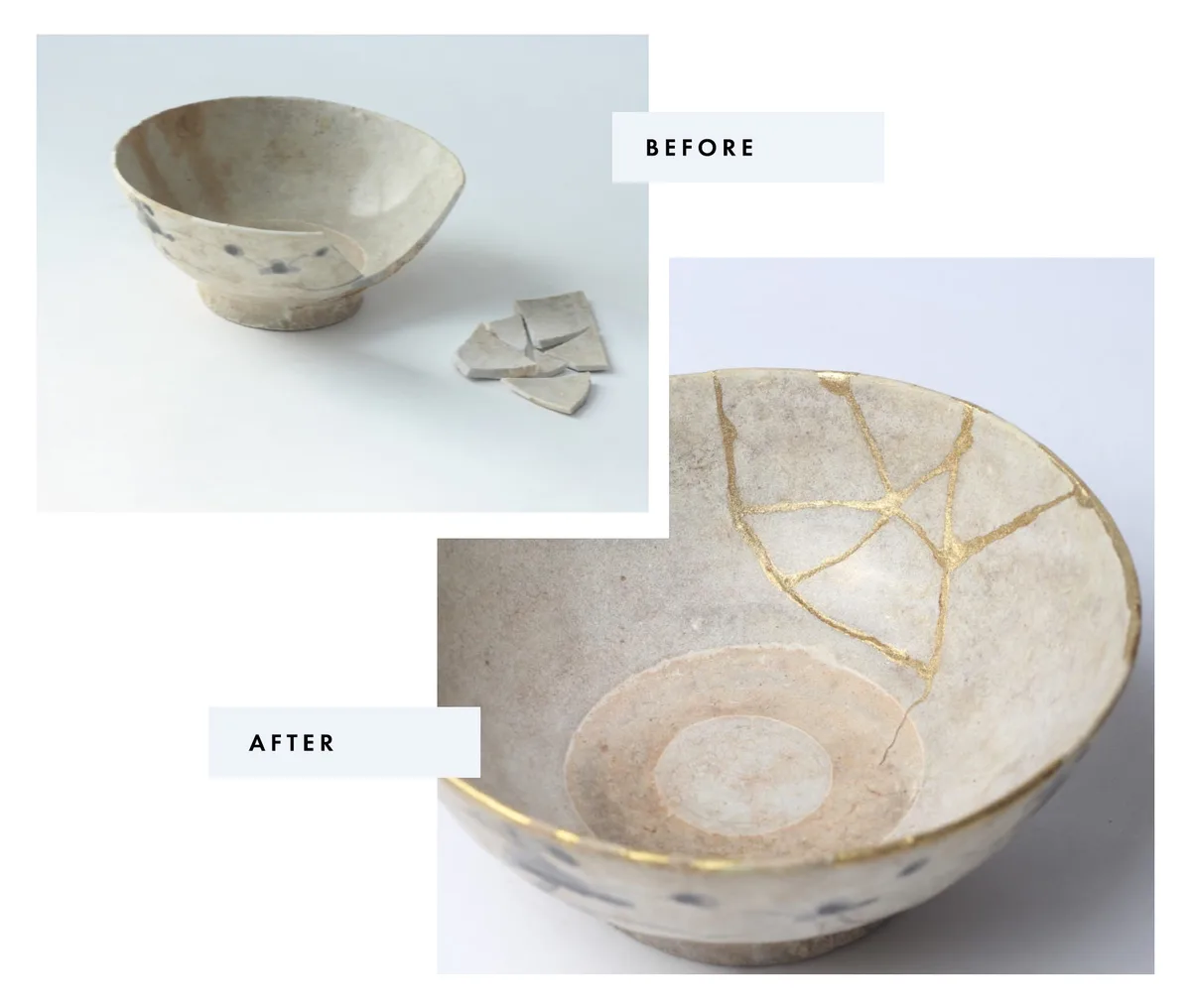 The image displays a 'before' and 'after' comparison of a ceramic bowl. In the 'before' photo, the bowl is visibly broken…