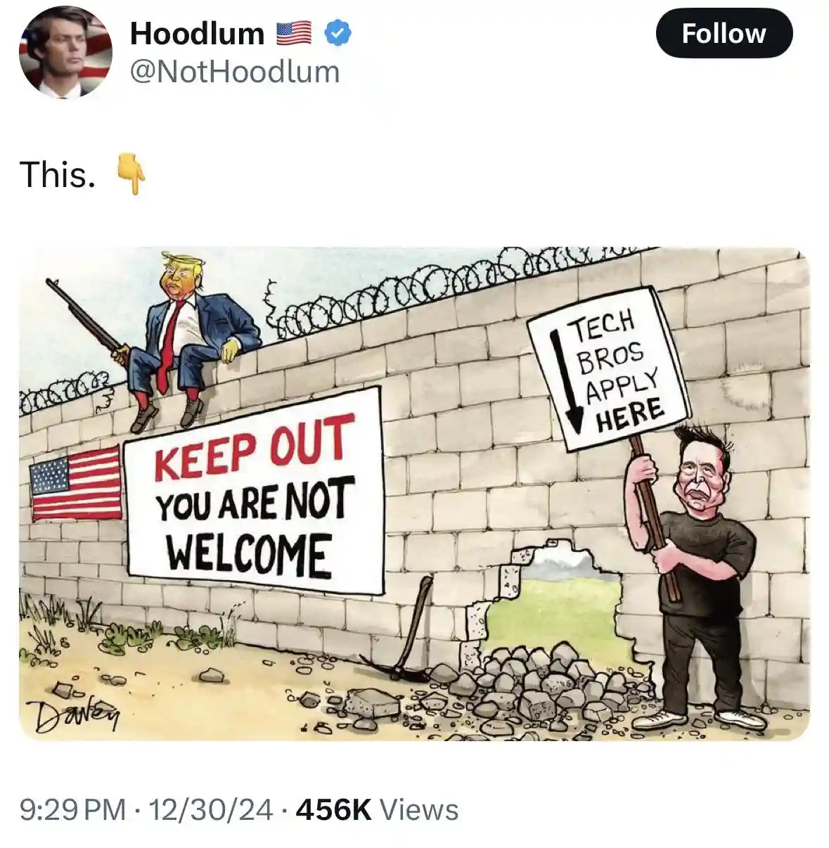 A cartoon depicts a caricature of Donald Trump sitting atop a high, barbed-wire-topped concrete wall holding a rifle, next…