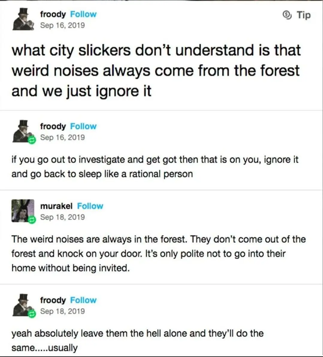 A screenshot of a Twitter thread showing a user named 'froody' making a series of sarcastic, rural-themed comments about…