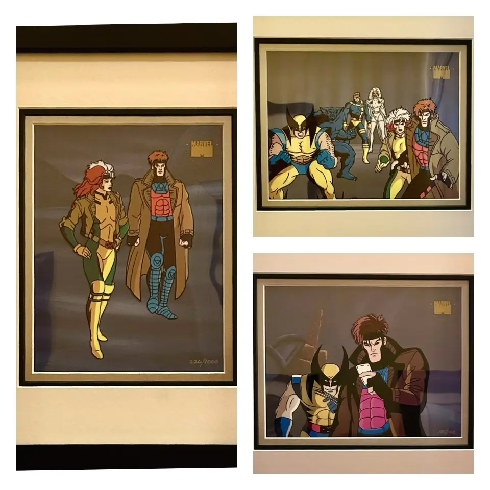 Three framed comic book illustrations of X-Men characters are displayed on a wall. The left panel shows Jean Grey and…