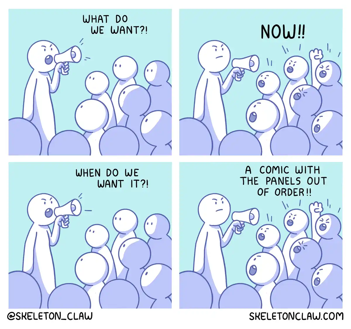 A four-panel comic strip shows a stick figure with a megaphone shouting at a crowd of identical stick figures. The panels…