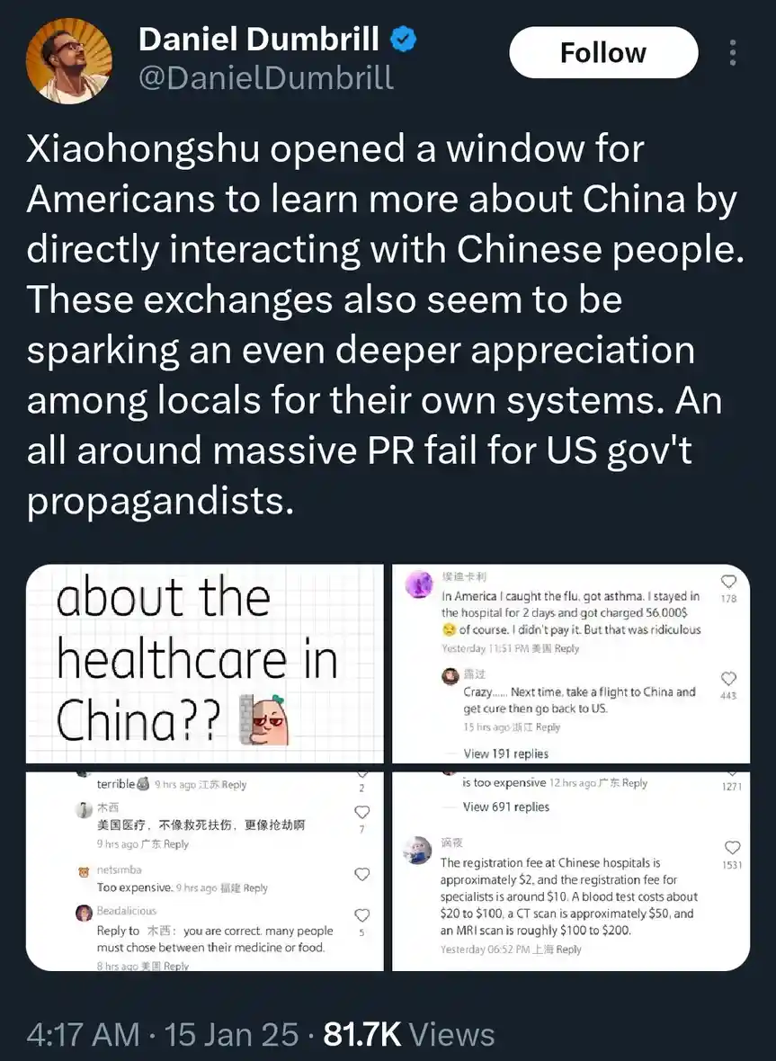 A screenshot of a Twitter thread by Daniel Dumbrill showing comments from users comparing U.S. and Chinese healthcare costs…
