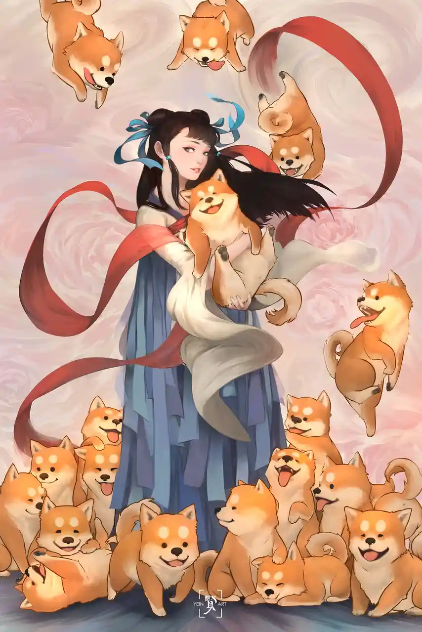 An anime-style illustration shows a woman in flowing blue and white robes holding a Shiba Inu dog, surrounded by many more…
