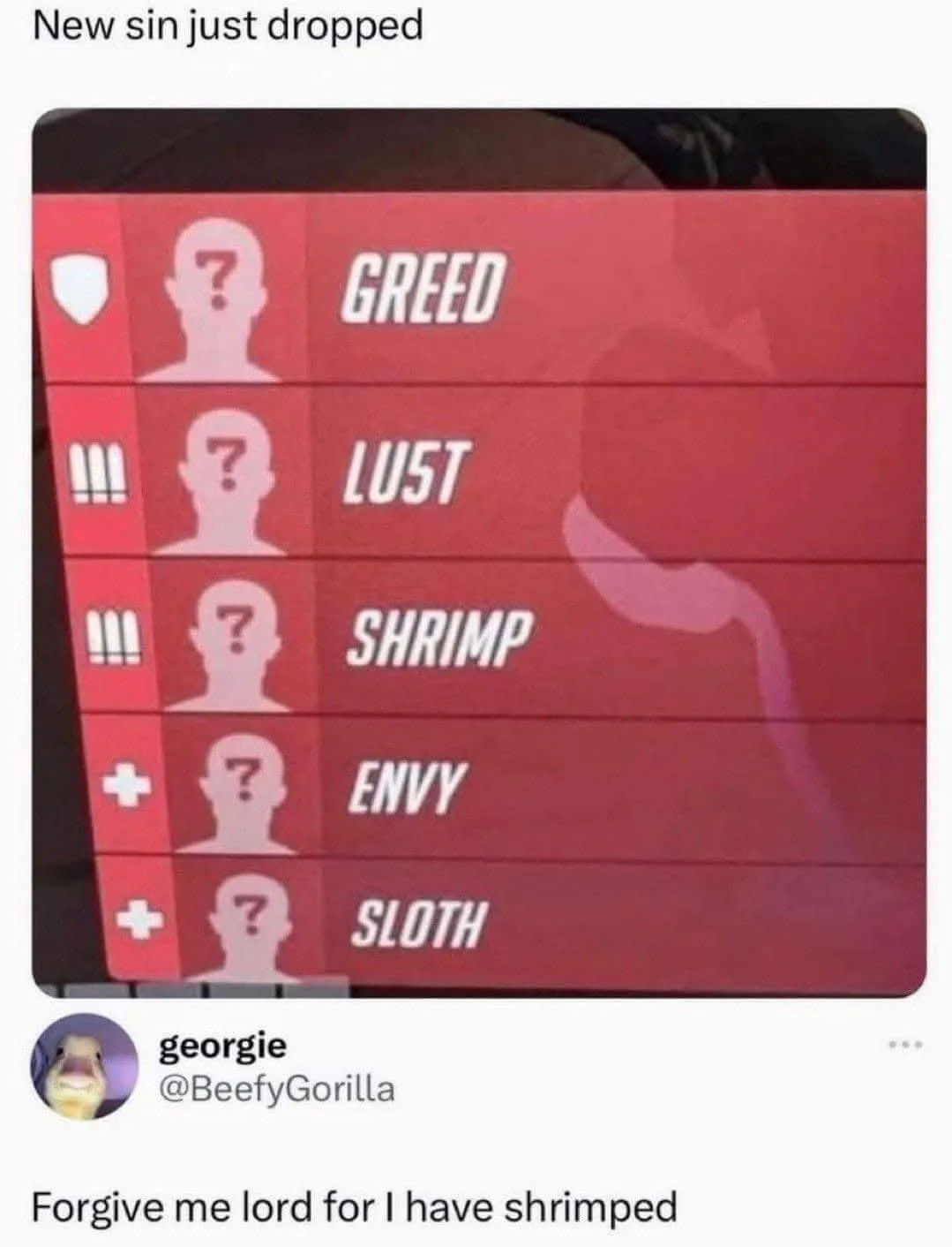 A red game-like interface displays a list of sins: Greed, Lust, Shrimp, Envy, and Sloth, each with a question mark icon for…