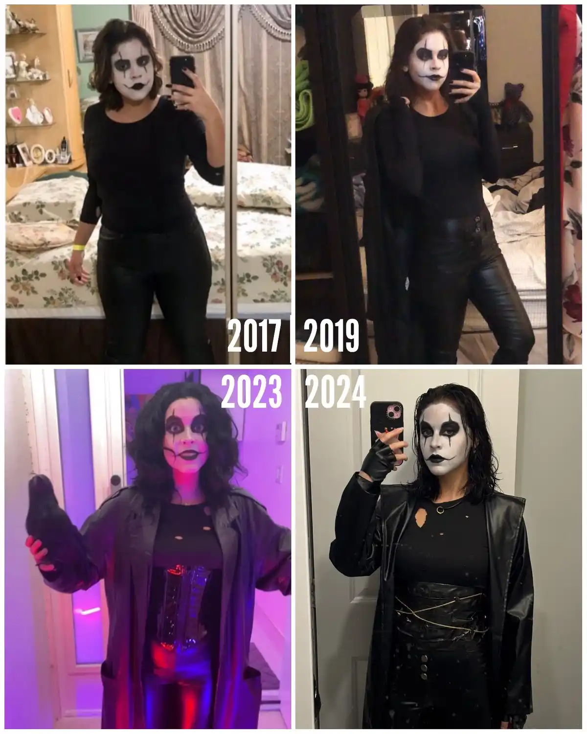 A four-panel collage shows a woman taking mirror selfies in progressively more elaborate and stylized black-and-white…