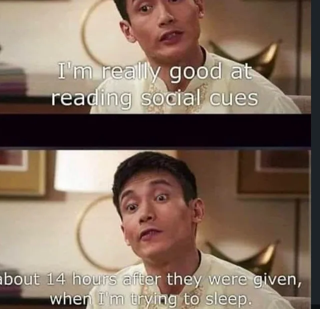 Two-panel meme featuring the same man with wide, startled eyes in a beige room. Top panel text reads 'I'm really good at…