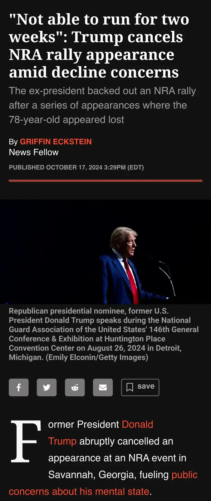 A screenshot of a news article with a headline about Donald Trump canceling an NRA rally due to concerns over his decline…