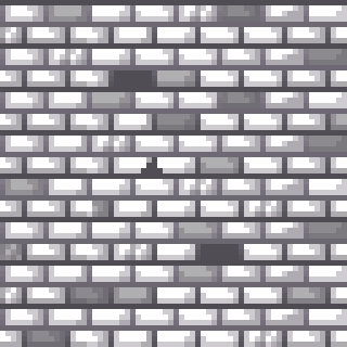 A pixelated image of a gray brick wall with two dark gray bricks missing from the middle row, overlaid with the text 'i'm…
