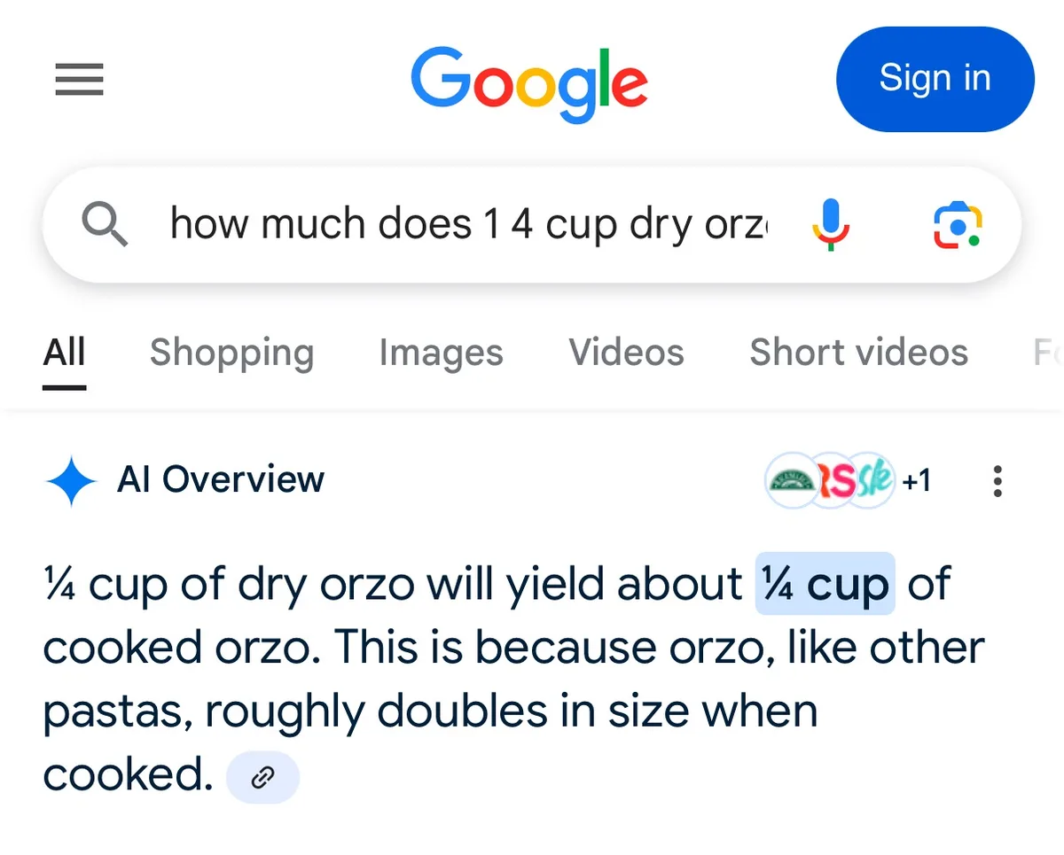 A Google search results page shows a user typing 'how much does 1 4 cup dry orz' into the search bar. The AI Overview…