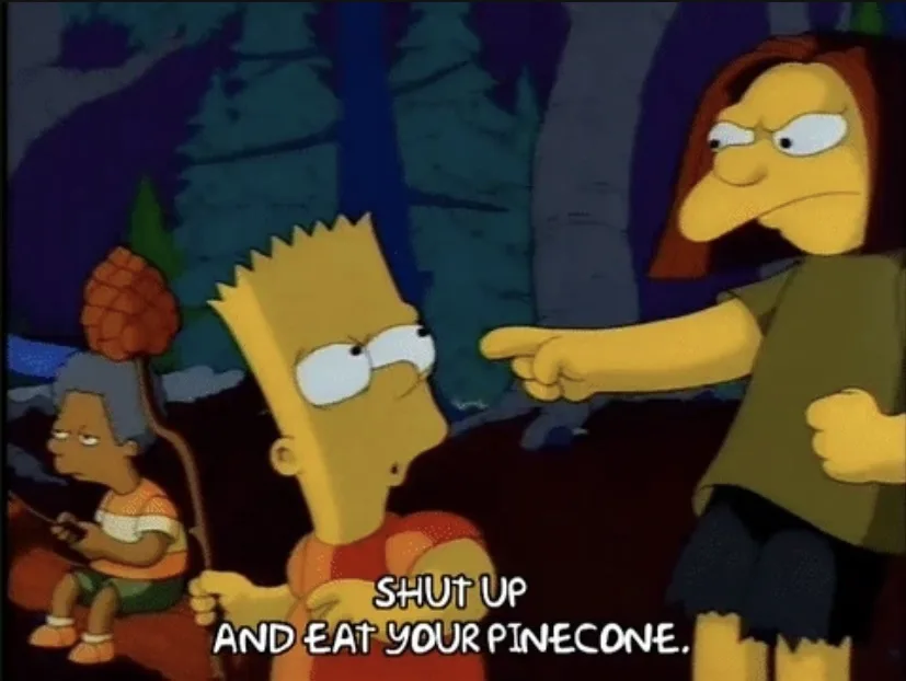In a nighttime forest scene from The Simpsons, a woman with a stern expression points angrily at Bart Simpson, who looks…