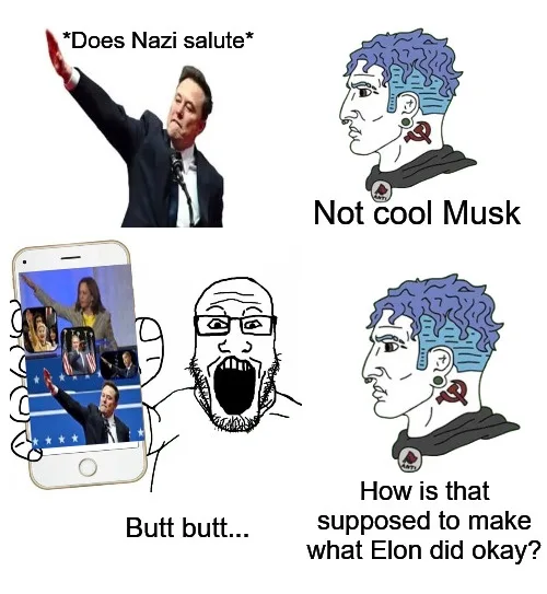 A four-panel meme shows Elon Musk raising his hand in a Nazi salute, labeled '*Does Nazi salute*'. A cartoon of him with…