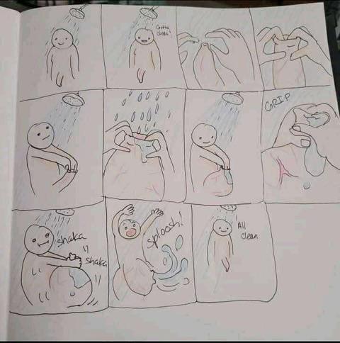 A hand-drawn comic strip in a notebook shows a stick figure taking a shower. The sequence begins with the figure under…