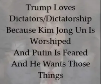 A blurry, low-resolution image of a person, likely Donald Trump, is overlaid with bold black text stating: 'Trump Loves…