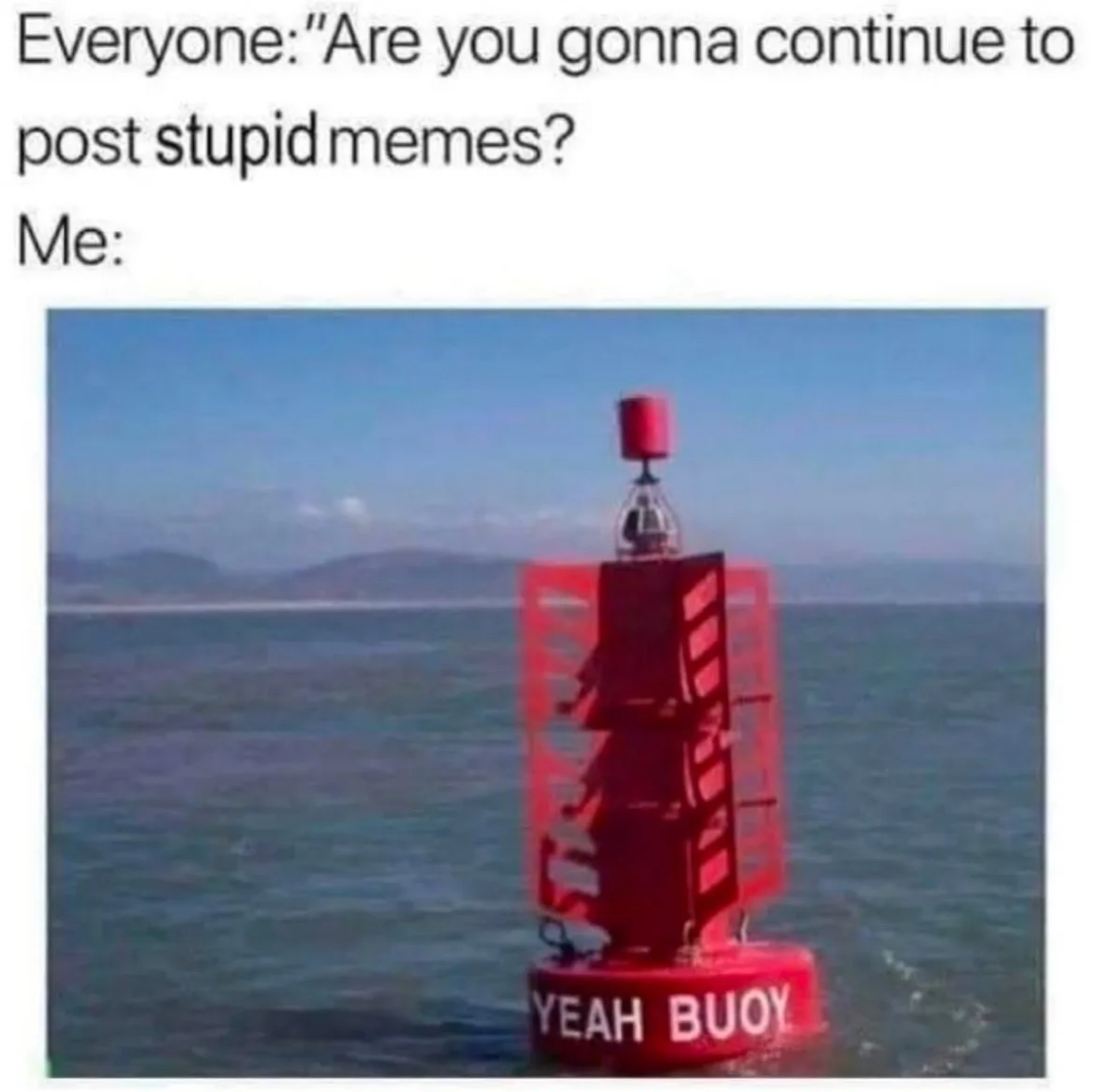The image shows a red buoy floating in the ocean with the words "YEAH BUOY" printed on its base. The buoy has a red top…