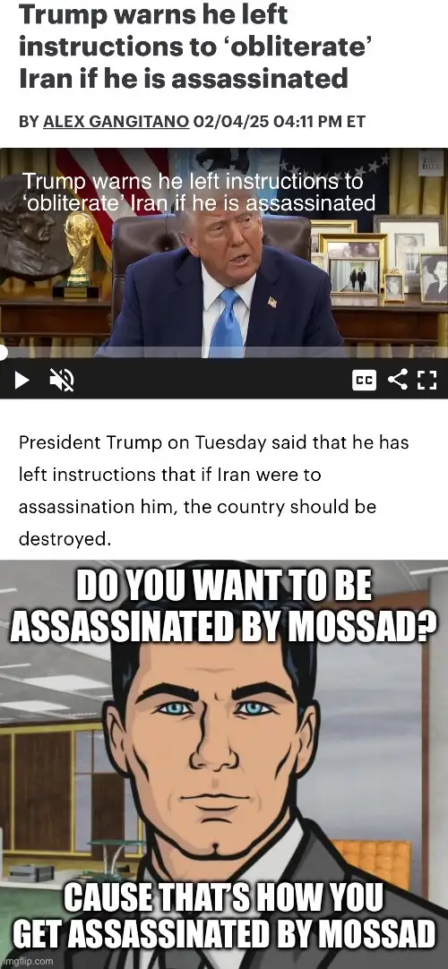 The image is a two-part meme. The top part shows a screenshot of a news article with a photo of Donald Trump, with the…