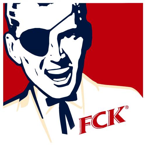 The image shows a stylized, high-contrast graphic of a smiling man with a black eye patch over his left eye, wearing a white…