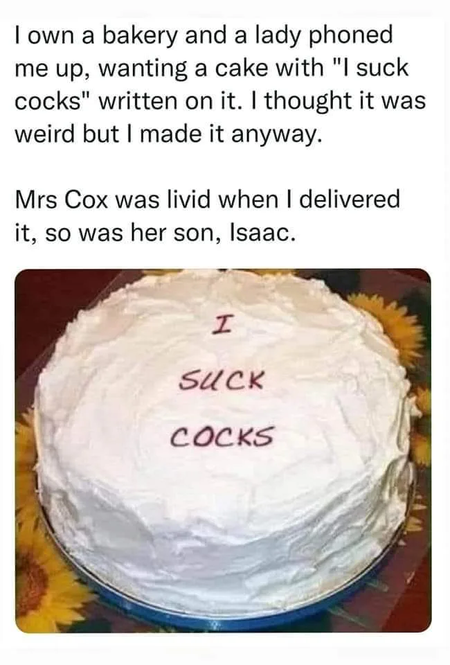 A round white-frosted cake with the words 'I SUCK COCKS' written in red icing. The cake sits on a blue plate with sunflowers…