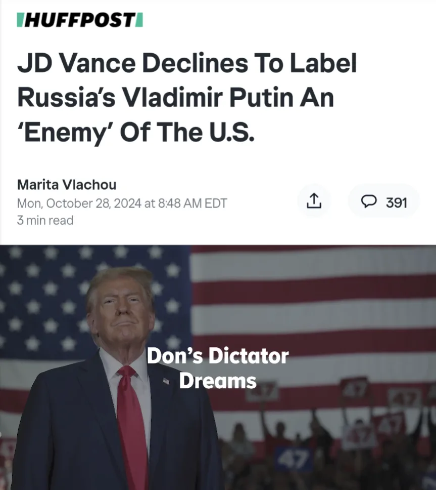 The image shows a screenshot of a HuffPost article headline about JD Vance declining to label Vladimir Putin an 'enemy' of…
