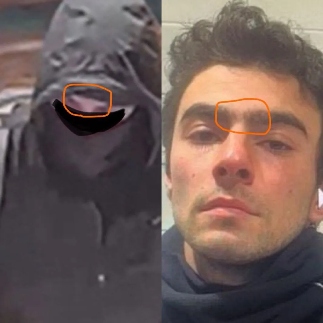 The image is a side-by-side comparison: on the left, a blurry security camera photo of a person in a dark hoodie with a…