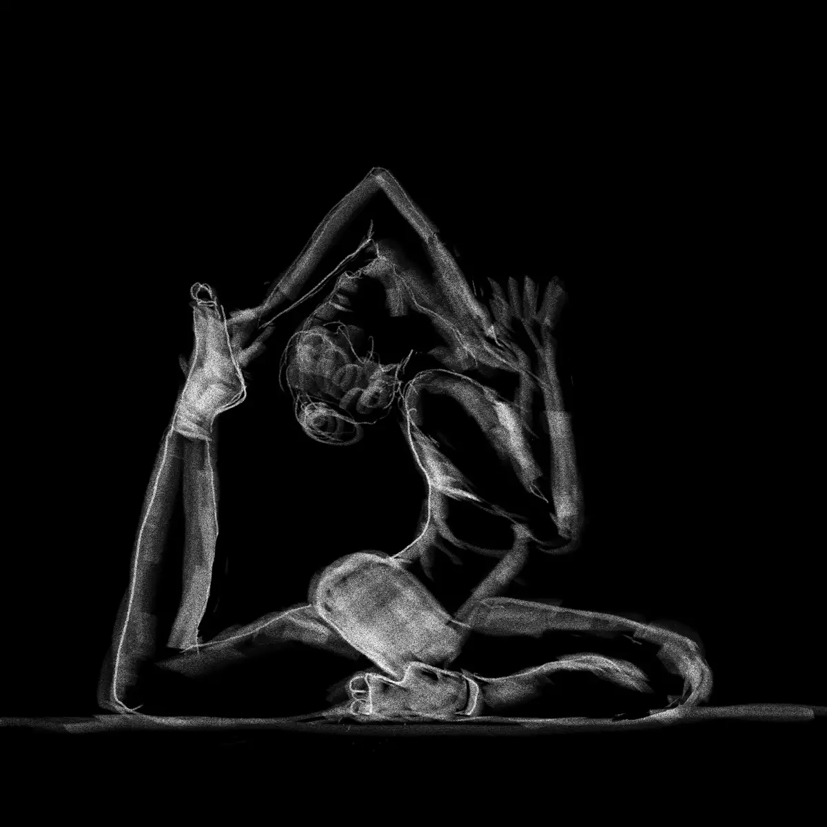 A black-and-white image shows a person in a highly contorted yoga pose, resembling an x-ray or chalk outline, with their…