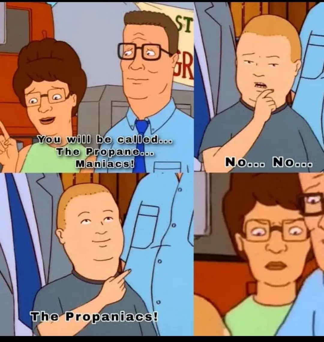 A four-panel meme from the animated show 'King of the Hill' showing a woman announcing a group name, a man reacting with…