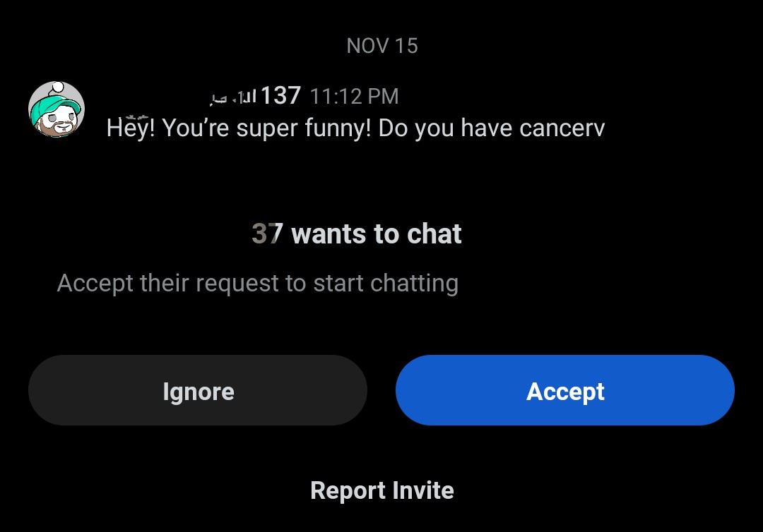 A screenshot of a chat invite from a user named '137' with a cartoon avatar, who sent a message saying 'Hey! You're super…