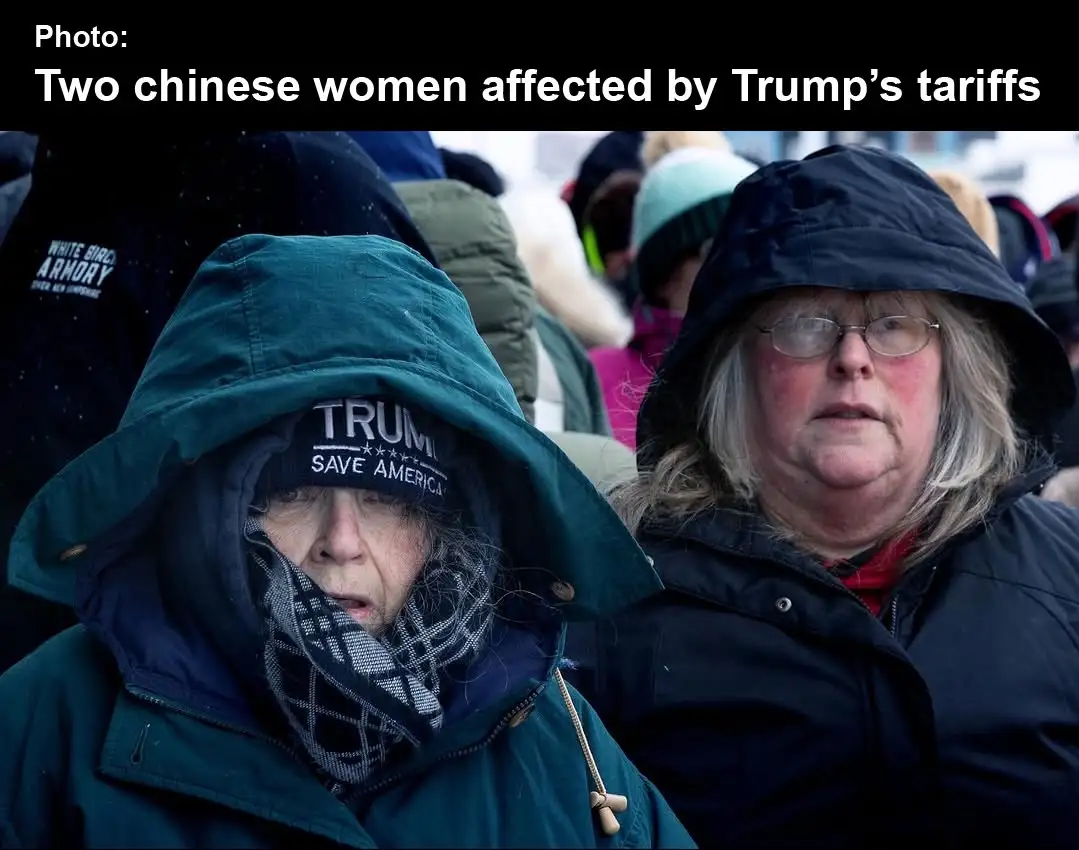 Two women in winter coats and hoods stand in a crowd, one wearing a 'TRUMP SAVE AMERICA' hat. The overlaid text reads…