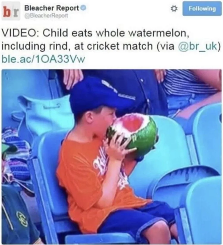 A young boy in an orange shirt and blue cap sits in a blue stadium seat, enthusiastically eating a whole watermelon that he…