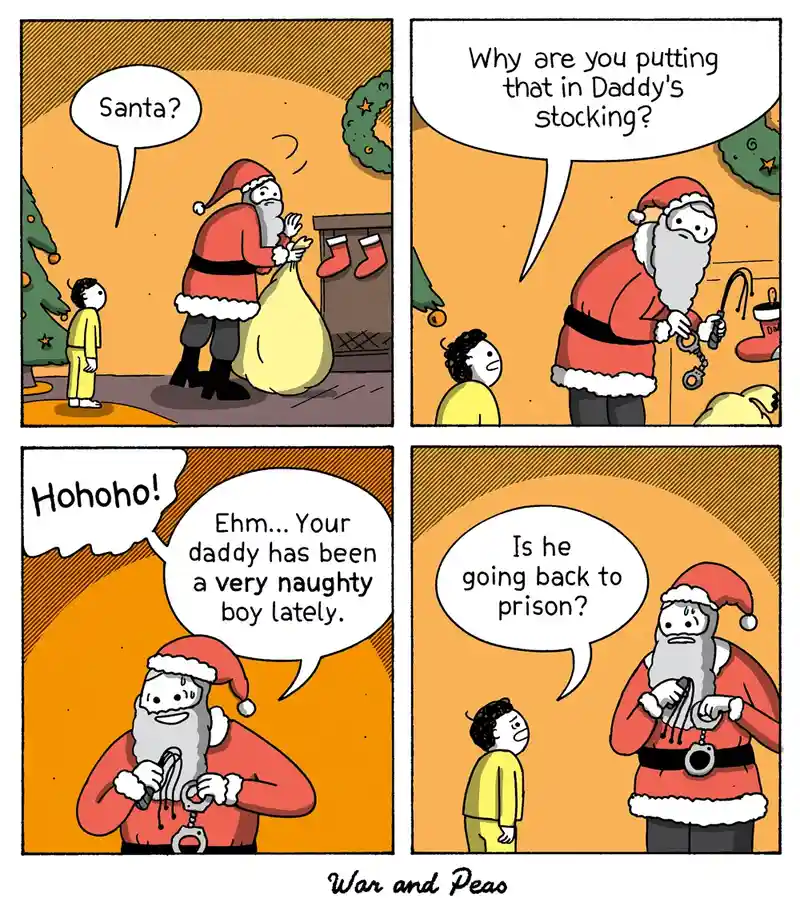 A four-panel comic strip shows Santa Claus putting handcuffs into a stocking labeled 'DAD' while a child asks why. Santa…