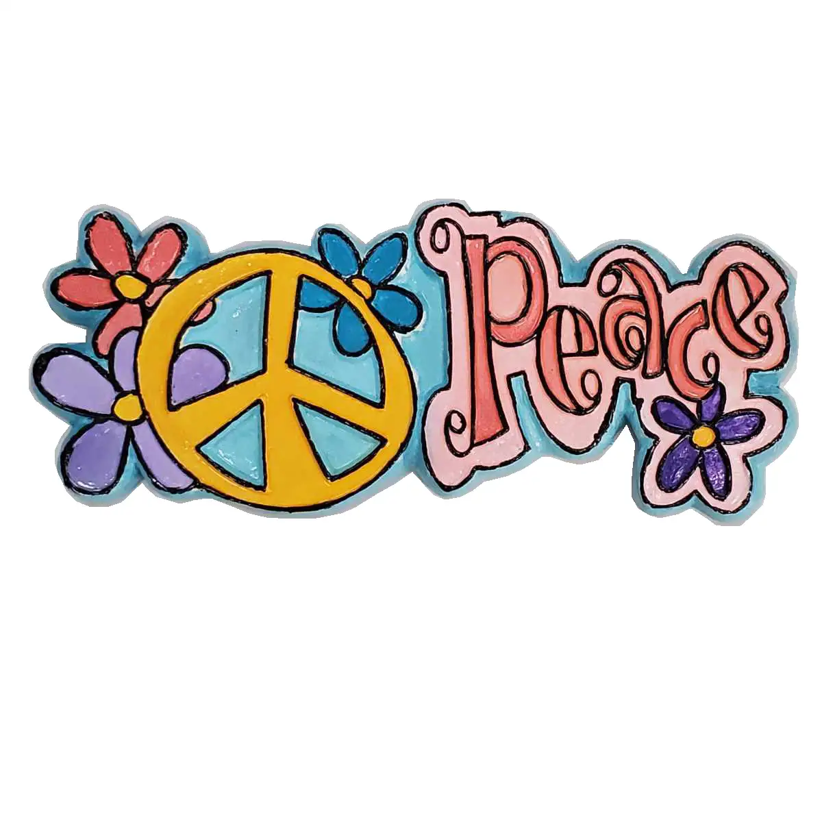 A colorful, hand-drawn style graphic features a yellow peace symbol with blue and purple sections, surrounded by pink, blue…