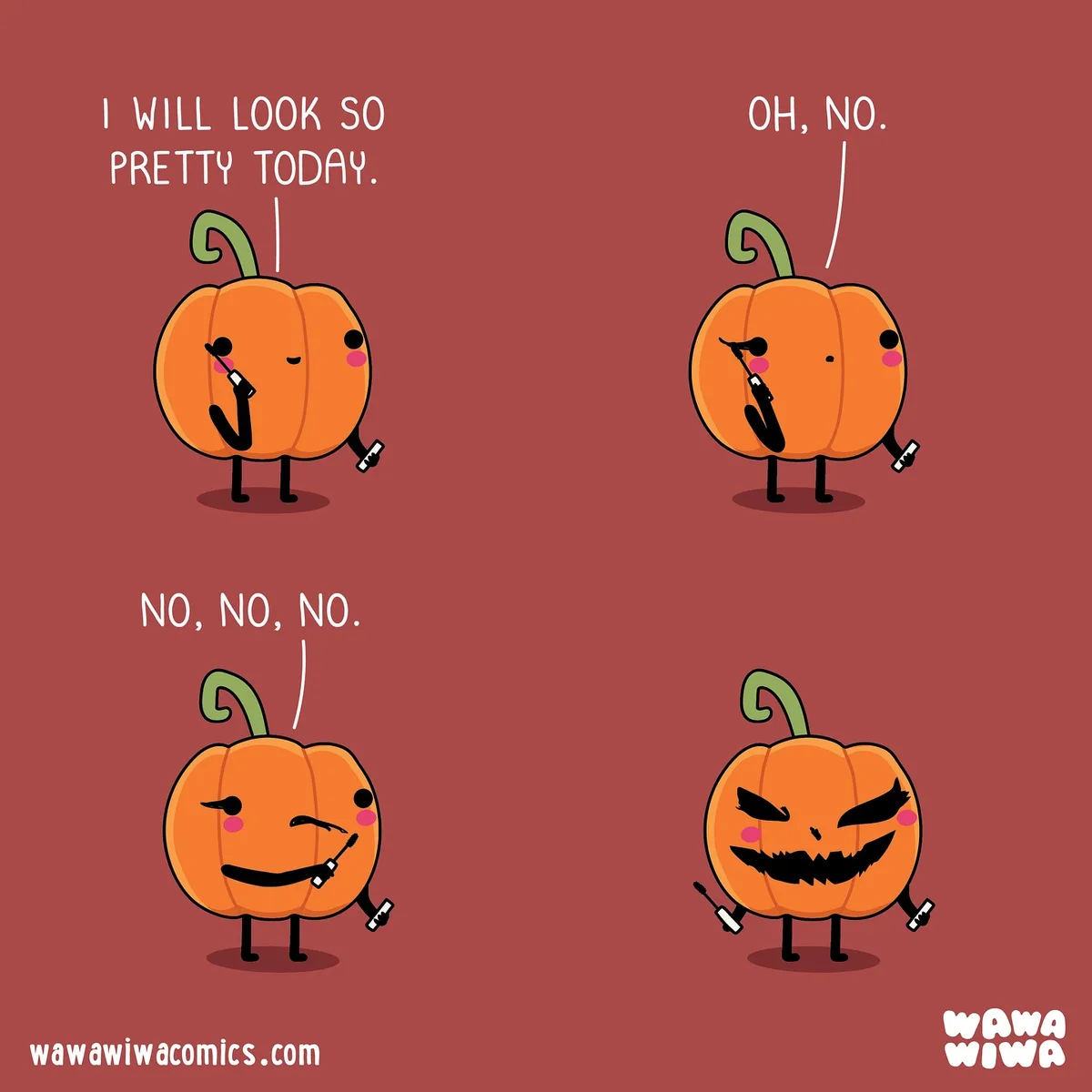 A four-panel comic strip shows a cute, anthropomorphic orange pumpkin with a green stem applying black eyeliner. In the…