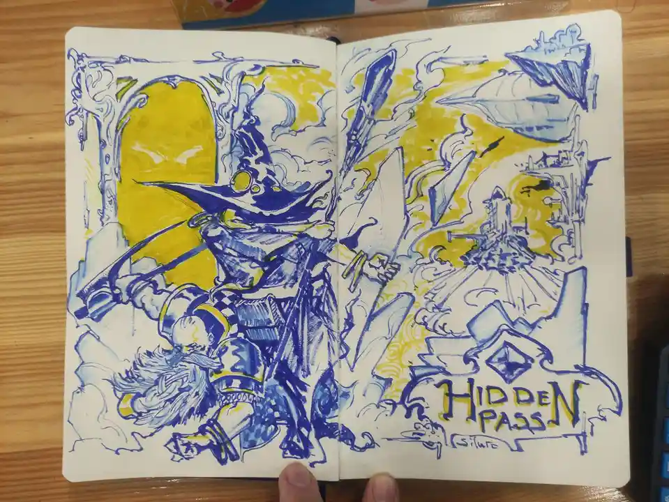 An open sketchbook shows a blue-and-yellow ink drawing of a fantasy scene with a wizard and a dwarf-like figure, with the…